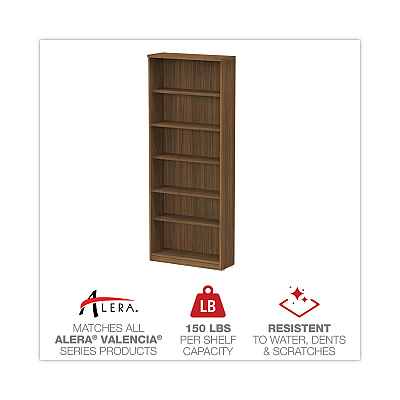 Alera Valencia Series Bookcase, Six-Shelf, 31.75w x 14d x 80.25h, Modern Walnut (ALEVA638232WA)