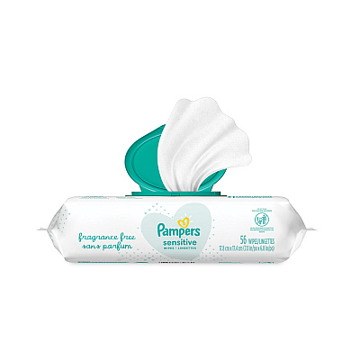 Pampers Sensitive Baby Wipes, 1-Ply, 6.8 x 7, Unscented, White, 56/Pack, 8 Packs/Carton (PGC87076)