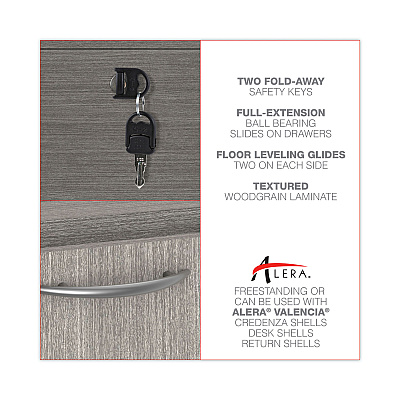 Alera Valencia Series Full Pedestal File, Left or Right, 2 Legal/Letter-Size File Drawers, Gray, 15.63" x 20.5" x 28.5" (ALEVA542822GY)