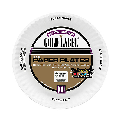 AJM Packaging Coated Paper Plates, 6" dia, White, 100/Pack, 12 Packs/Carton (AJMCP6GOAWH)