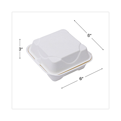 Eco-Products Bagasse Hinged Clamshell Containers, 6 x 6 x 3, White, Sugarcane, 50/Pack, 10 Packs/Carton (ECOEPHC6)
