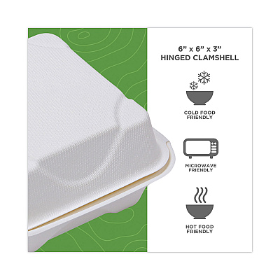 Eco-Products Bagasse Hinged Clamshell Containers, 6 x 6 x 3, White, Sugarcane, 50/Pack, 10 Packs/Carton (ECOEPHC6)