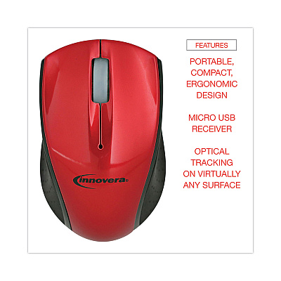 Innovera Mini Wireless Optical Mouse, 2.4 GHz Frequency/30 ft Wireless Range, Left/Right Hand Use, Red/Black (IVR62204)