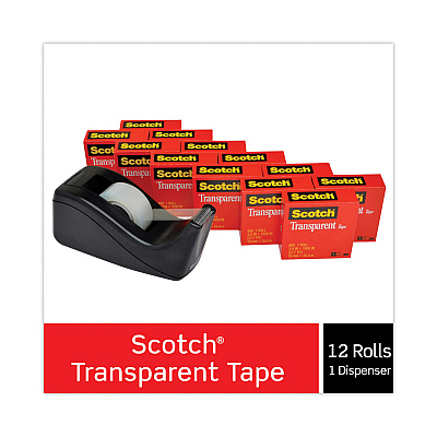 Scotch Transparent Tape Value Pack with Black Dispenser, 1" Core, 0.75" x 83.33 ft, Transparent (MMM600KC60)