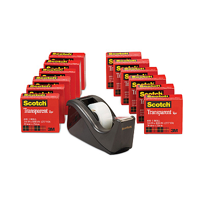 Scotch Transparent Tape Value Pack with Black Dispenser, 1" Core, 0.75" x 83.33 ft, Transparent (MMM600KC60)