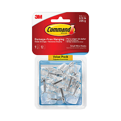 Command Clear Hooks and Strips, Small, Plastic/Metal, 0.5 lb, 9 Hooks and 12 Strips/Pack (MMM17067CLR9ES)