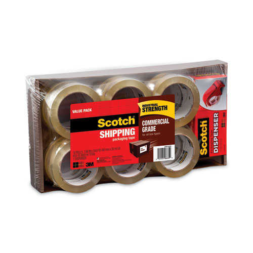Scotch 3750 Commercial Grade Packaging Tape with DP300 Dispenser, 3" Core, 1.88" x 54.6 yds, Clear, 12/Pack (375012DP3)