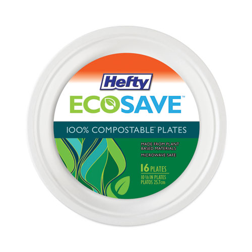 Hefty ECOSAVE Tableware, Plate, Bagasse, 10.13" dia, White, 16/Pack (D71016PK)