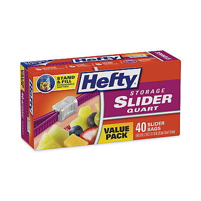 Hefty Slider Stand and Fill Food Storage Bags, Quart, 8" x 7", Clear, 40/Box (RFPR88075)