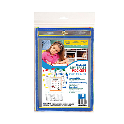 C-Line Reusable Dry Erase Pockets, 6 x 9, Assorted Primary Colors, 10/Pack (CLI41610)
