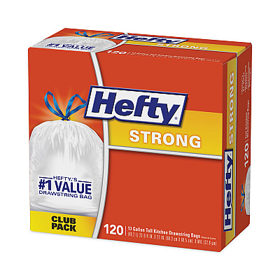 Hefty Strong Tall Kitchen Drawstring Bags, 13 gal, 24" x 27.75", White, 120/Box (PCTE84562)