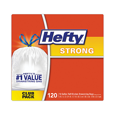 Hefty Strong Tall Kitchen Drawstring Bags, 13 gal, 24" x 27.75", White, 120/Box (PCTE84562)