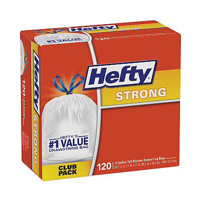 Hefty Strong Tall Kitchen Drawstring Bags, 13 gal, 23.75" x 27", White, 90/Box (RFPE84574)