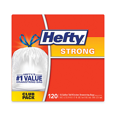 Hefty Strong Tall Kitchen Drawstring Bags, 13 gal, 23.75" x 27", White, 90 Bags/Box, 3 Boxes/Carton (RFPE84574CT)
