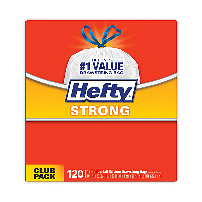 Hefty Strong Tall Kitchen Drawstring Bags, 13 gal, 24" x 27.75", White, 120/Box (PCTE84562)