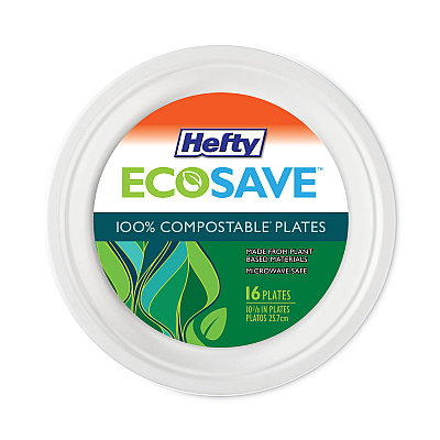 Hefty ECOSAVE Tableware, Plate, Bagasse, 10.13" dia, White, 16/Pack, 12 Packs/Carton (RFPD71016)