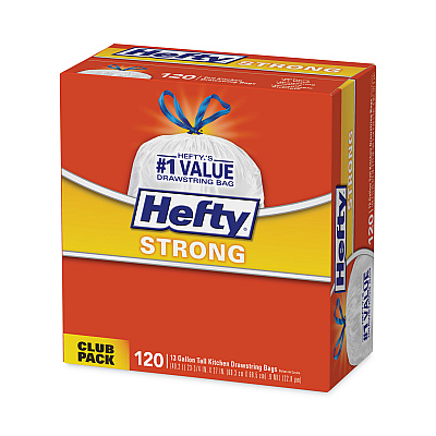 Hefty Strong Tall Kitchen Drawstring Bags, 13 gal, 23.75" x 27", White, 90 Bags/Box, 3 Boxes/Carton (RFPE84574CT)