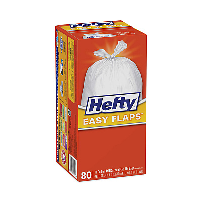 Hefty Easy Flaps Trash Bags, Tie-Flap, 13 gal, 23.75" x 28", White, 80/Box (PCTE84563)
