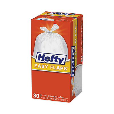 Hefty Easy Flaps Trash Bags, Tie-Flap, 13 gal, 23.75" x 28", White, 80/Box (PCTE84563)