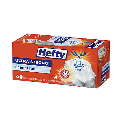Hefty Extra Heavy-Duty Ultra Strong Tall Kitchen Trash Bags, Drawstring, 13 gal, 23.75" x 24.88", White, 40 Bags/Box, 6 Boxes/CT (RFPE88338CT)