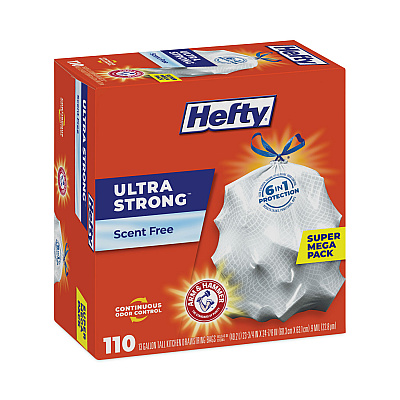 Hefty Ultra Strong Tall Kitchen Trash Bags, Drawstring, 13 gal, 23.75" x 24.88", White, 110/Box (PCTE88368)