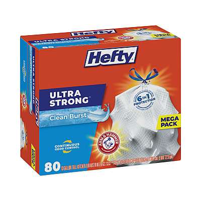 Hefty Ultra Strong Scented Tall Kitchen Bags, Drawstring, 13 gal, Clean Burst, 24.75" x 24.88", White, 80 Bags/Box, 3 Boxes/Carton (PCTE88356CT)
