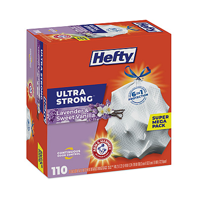 Hefty Extra Heavy-Duty Ultra Strong Scented Tall Kitchen Bags, Drawstring, 13 gal, Lavender/Vanilla, 23.75 x 24.88, White, 110/Box (PCTE88366)