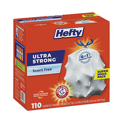 Hefty Ultra Strong Tall Kitchen Trash Bags, Drawstring, 13 gal, 23.75" x 24.88", White, 110 Bags/Box, 3 Boxes/Carton (PCTE88368CT)