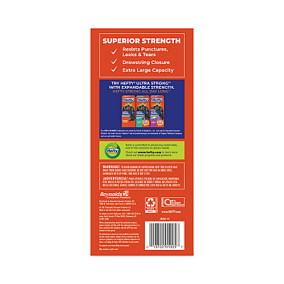 Hefty Strong Multipurpose Drawstring Trash Bags, 30 gal, 1.1 mil, 30" x 33", Black, 74/Box (PCTE85274)