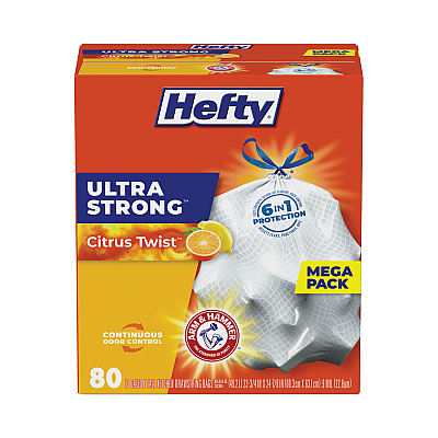 Hefty Extra Heavy-Duty Ultra Strong Scented Tall Kitchen Bags, Drawstring, 13 gal, Citrus Twist, 23.75" x 24.88", White, 80/Box (PCTE88354)
