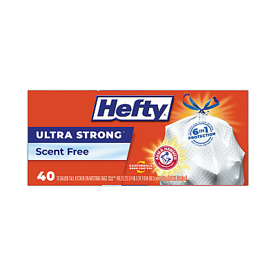 Hefty Extra Heavy-Duty Ultra Strong Tall Kitchen Trash Bags, Drawstring, 13 gal, 23.75" x 24.88", White, 40 Bags/Box, 6 Boxes/CT (RFPE88338CT)