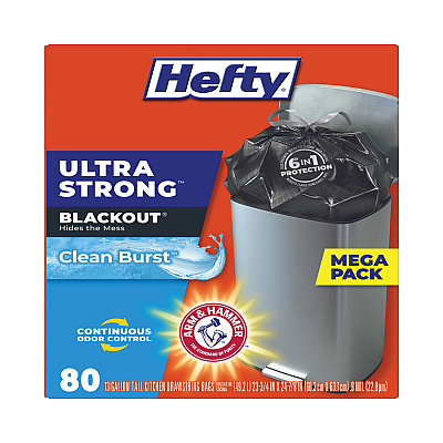 Hefty Ultra Strong BlackOut Tall-Kitchen Drawstring Bags, 13 gal, 23.75" x 24.88", Black, 80 Bags/Box, 3 Boxes/Carton (PCTE88352CT)