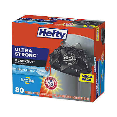 Hefty Ultra Strong BlackOut Tall-Kitchen Drawstring Bags, 13 gal, 23.75" x 24.88", Black, 80 Bags/Box, 3 Boxes/Carton (PCTE88352CT)