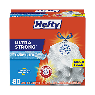 Hefty Ultra Strong Scented Tall Kitchen Bags, Drawstring, 13 gal, Clean Burst, 24.75" x 24.88", White, 80 Bags/Box, 3 Boxes/Carton (PCTE88356CT)