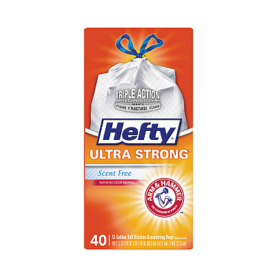 Hefty Extra Heavy-Duty Ultra Strong Tall Kitchen Trash Bags, Drawstring, 13 gal, 23.75" x 24.88", White, 40/Box (RFPE88338)