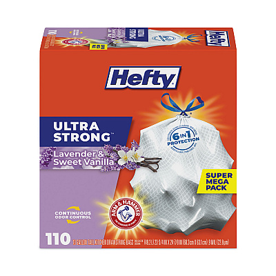 Hefty Extra Heavy-Duty Ultra Strong Scented Tall Kitchen Bags, Drawstring, 13 gal, Lavender/Vanilla, 23.75 x 24.88, White, 110/Box (PCTE88366)