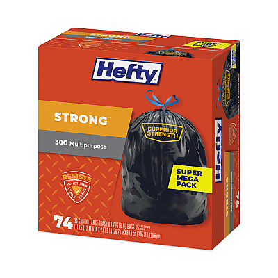 Hefty Strong Multipurpose Drawstring Trash Bags, 30 gal, 1.1 mil, 30" x 33", Black, 74/Box (PCTE85274)