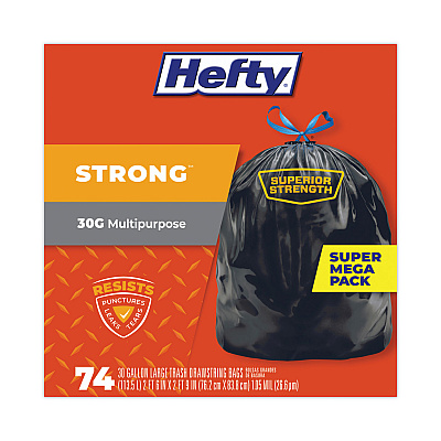 Hefty Strong Multipurpose Drawstring Trash Bags, 30 gal, 1.1 mil, 30" x 33", Black, 74/Box (PCTE85274)