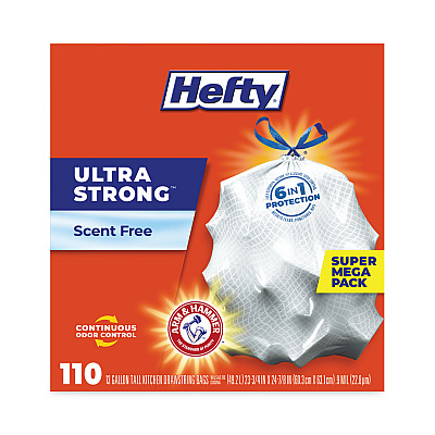 Hefty Ultra Strong Tall Kitchen Trash Bags, Drawstring, 13 gal, 23.75" x 24.88", White, 110 Bags/Box, 3 Boxes/Carton (PCTE88368CT)