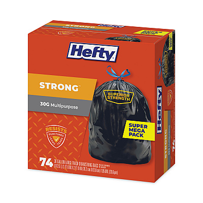 Hefty Strong Multipurpose Drawstring Trash Bags, 30 gal, 1.1 mil, 30" x 33", Black, 74 Bags/Box, 3 Boxes/Carton (PCTE85274CT)