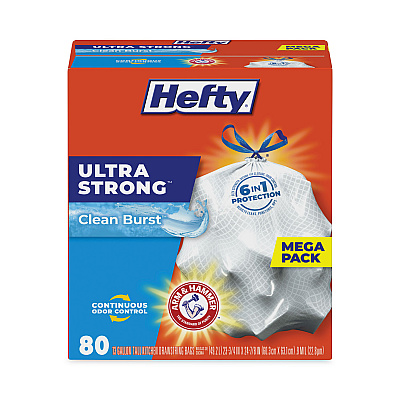 Hefty Extra Heavy-Duty Ultra Strong Scented Tall Kitchen Bags, Drawstring, 13 gal, Clean Burst, 23.75" x 24.88", White, 80/Box (PCTE88356)