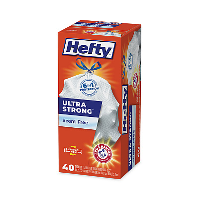 Hefty Extra Heavy-Duty Ultra Strong Tall Kitchen Trash Bags, Drawstring, 13 gal, 23.75" x 24.88", White, 40/Box (RFPE88338)
