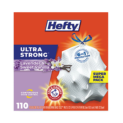 Hefty Ultra Strong Scented Tall Kitchen Bags, Drawstring, 13 gal, Lavender/Vanilla, 23.75" x 24.88", White, 110/Box, 3 Boxes/Carton (PCTE88366CT)