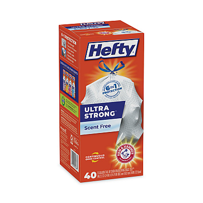 Hefty Extra Heavy-Duty Ultra Strong Tall Kitchen Trash Bags, Drawstring, 13 gal, 23.75" x 24.88", White, 40/Box (RFPE88338)