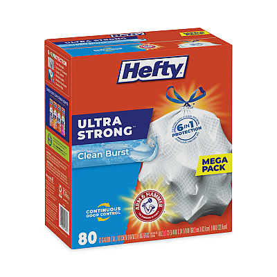 Hefty Extra Heavy-Duty Ultra Strong Scented Tall Kitchen Bags, Drawstring, 13 gal, Clean Burst, 23.75" x 24.88", White, 80/Box (PCTE88356)