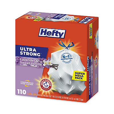 Hefty Extra Heavy-Duty Ultra Strong Scented Tall Kitchen Bags, Drawstring, 13 gal, Lavender/Vanilla, 23.75 x 24.88, White, 110/Box (PCTE88366)