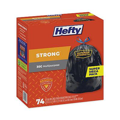 Hefty Strong Multipurpose Drawstring Trash Bags, 30 gal, 1.1 mil, 30" x 33", Black, 74 Bags/Box, 3 Boxes/Carton (PCTE85274CT)