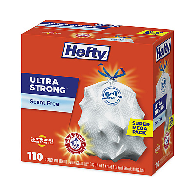 Hefty Ultra Strong Tall Kitchen Trash Bags, Drawstring, 13 gal, 23.75" x 24.88", White, 110/Box (PCTE88368)