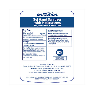 Georgia Pacific Professional enMotion Gen2 E3-Rated Gel Sanitizer Dispenser Refill, 1,000 mL Bottle, Fragrance-Free, 2/Carton (GPC42337)