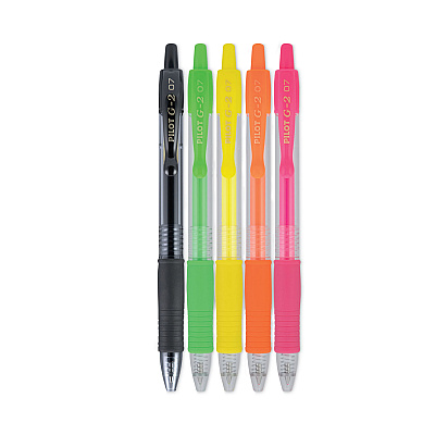 Pilot G2 Neon Gel Pen, Retractable, Fine 0.7 mm, Assorted Neon Ink and Barrel Colors, 5/Pack (PIL14174)